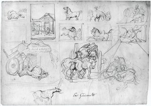 Afbildning af heste (forsiden); En vogn efterfulgt af en skiltebærer (bagsiden) af Theodore Gericault