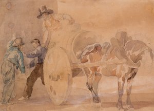 Tre mænd læsser en vogn af (akvarel over spor af blyant på papir) af Theodore Gericault