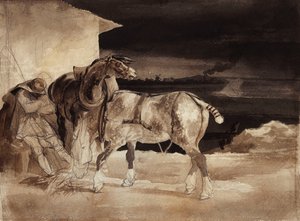 To heste og en sovende brudgom, ca. 1822-1823 af Theodore Gericault