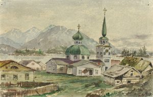 Set bagfra af græsk kirke, Sitka, 1888. af Theodore J. Richardson