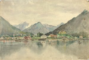 Sitka fra øerne, viser russisk slot, 1888. af Theodore J. Richardson