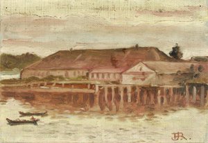 Handelsplads og havnebygninger, Sitka, aften, ca. 1880-1914. af Theodore J. Richardson