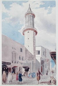 Moskeens minaret på Rue de Chartres og Rue Bab-Azoun, Algier (akvarel på papir)