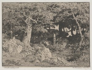 Egetræer og klipper af Pierre Etienne Theodore Rousseau