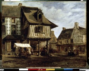 Markedsplads i Normandiet (bindingsværkshuse) (Markedsplads i Normandiet). Maleri af Theodore Rousseau (1812-1867). Olie på træ, 29,5 x 38 cm, omkring 1830. Fransk kunst fra Barbizon. Eremitagemuseet, Sankt Petersborg. af Theodore Rousseau