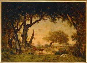 Udgang fra skoven ved Fontainebleau, solnedgang... af Theodore Rousseau