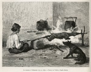 En ung montenegriner steger et får med albaneren, sidder foran bålet og drejer konstant på trænålen. Gravering efter Valerios tegning, for at illustrere rejsen til Dalmatien, af Charles Yriarte, i 1874, udgivet i "" Le tour du mon