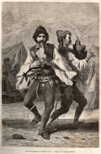 Morlac-musikere (eller montenegrinere) fra distriktet Zara, iført det lokale kostume: hvid lærredsskjorte og over en broderet vest, et bælte besat med kobber og sølv, benene falder på læderskoen og spiller en slags biniou, mens de danser til