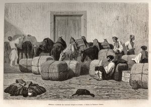 Når tyrkiske karavaner ankommer til Sebenico Customs (Serbien), læsser erhvervsrejsende ballerne af bagsiden af deres kameler for at verificere varernes mængde og art. Gravering efter tegningen af Theodore Valerio, for at illustrere en historie