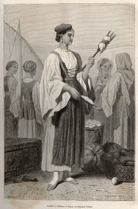 Kvinde fra Sebenico (Serbien), der bruger spindler til at spinde uld på markedspladsen. Gravering efter tegningen af Theodore Valerio, for at illustrere en historie om Dalmatien, af Charles Yriarte, i 1874, udgivet i "" Le tour du monde""" 1876, redigeret 
