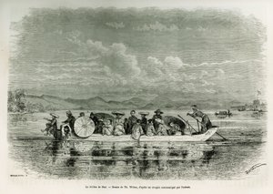 En båd på floden Hue (Vietnam), tegning af Th. Weber, for at illustrere historien om otte dages ambassade i Hue (Kongeriget Annam), i 1875, af Mr.Brossard de Corbigny, løjtnant (N), knyttet til missionen. Indgravering i Le tour du monde