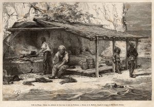 En tunfiskerhytte i Proelucca-bugten, Fiume-bugten (eller Rijeka, Istria), tre af fiskerne sover stadig, pakket ind i tæpper, en anden vil udstyre og erstatte udkigsposten, en anden vil forberede køkkenet og mosset vandrer kl. foden o