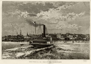 Ankomst til Victoria, Canada. Gravering af Th.Weber, for at illustrere historien ""Transcanadien og Alaska"" af E.Cotteau, i 1890, i Le tour du monde, nouveau journal des voyages, redigeret af Edouard Charton (1807-1890), 2. semester 1891 , udgave Hachet af Theodore Weber
