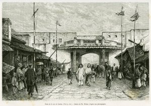 Canton Street Gate i Hanoi. Stik af Th. Weber, fra et fotografi, for at illustrere historien Trente mois au Tonkin i 1884, af Doctor Hocquard, i tour du monde 1889, under ledelse af Edouard Charton (1807-1890), Hachette, Paris.