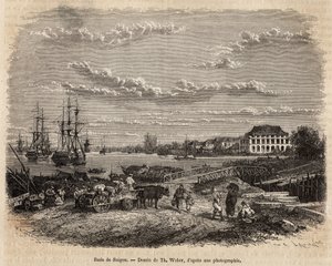La rade de Saigon, gravering efter en tegning af T. Weber, der illustrerer rejsen til Cochinchine, af Doktor Morice, i 1872, udgivet i "" Le tour du monde""" 1875, redigeret af Edouard Charton, Hachette-udgaven, Paris. Selva samling.