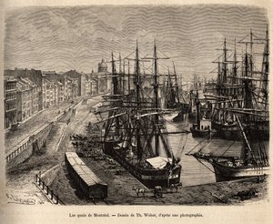 Les quais de Montreal, gravering efter tegning af Th. Weber, der illustrerer udflugten til Canada og Riviere Rouge du nord, af H. De Lamotte, i 1873, udgivet i "" Le tour du monde""" 1875, redigeret af Edouard Charton, Hachette-udgaven, Paris. Selv