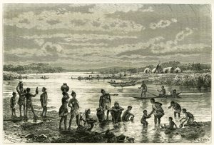 Livet på bredden af Zambeze-floden, marutserne er meget bekymrede over deres renlighed, og vask for dem er en aktivitet af første nødvendighed. Stik af Th. Weber, for at illustrere historien "Au pays des Marutses", i 1875-1879, af Dr. Emile Holu af Theodore Weber