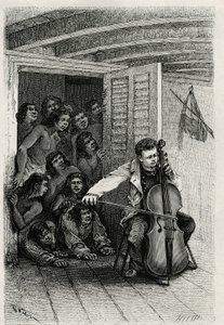 Portræt af den rejsende forfatter, der spiller cello og tiltrækker et publikum af nysgerrige. Gravering af Th.Weber, for at illustrere historien "" Les Iles Wallis"", af Dr. Emile Deschamps, lægemajor ved det 80. infanteri. Udgivet i Le Tour du monde, nou af Theodore Weber