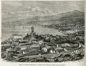 Byen Jalta, taget fra Massandra, tegning af Th.Weber, for at illustrere historien Fire måneder i Rusland, i 1876, af F. De Mely. Indgravering i Le tour du monde af Theodore Weber