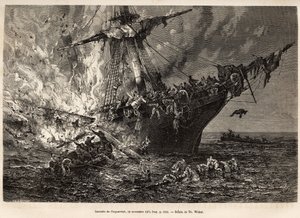 Branden fra Cospatrick, et britisk skib med mere end 400 emigranter til New Zealand, den 19. november 1874, indgraveret efter en tegning af T. Weber, der illustrerer studiet af storme og rejser, af hr. Zurcher og hr. Margolle, i 1870-1874, udgivet i