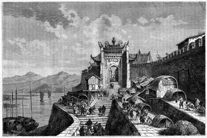 Udsigt over Shanghai-porten ved Huangpu-floden, Kina i årene 1870-1880. Gravering efter en tegning af Weber, i "Le Tour du Monde, Nouveau journal des Voyages", redigeret af Edouard Charton, Paris