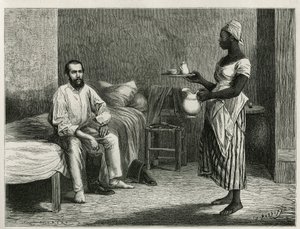 Portræt af forfatteren og rejsende, når han vågner, bliver serveret på cafeen på sit værelse af en ung haitisk kvinde, gravering af T.Wust, for at illustrere historien La republique d