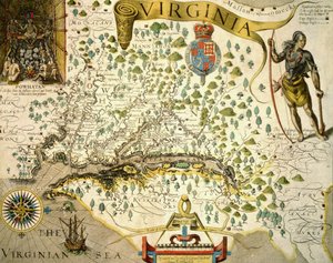 Sloane MS 1622 Kort over Virginia, der i øverste venstre hånd viser et billede af Chief Powhatan af John Smith (1580-1631) 1624 (håndfarvet gravering) af Theodore de (after) Bry