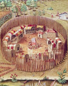 En Pomeiok indisk befæstet landsby, Illustration fra Admiranda Narratio, af Theodore De Bry af Theodore de Bry
