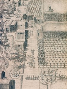 En indfødt indisk landsby omgivet af dyrket jord i Virginia af Theodore de Bry