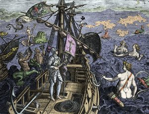 Allegorie des voyages af Christopher Columbus (1451-1506), gravering fra "Historia America sive Novi Orbis" af Theodor de Bry (1527-1598), Amsterdam 1594 af Theodore de Bry