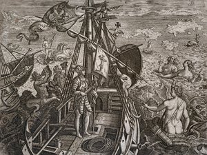 Allegori om Christopher Columbus rejse til opdagelsen af den nye verden, gravering af Theodor de Bry (1528-1598) af Theodore de Bry