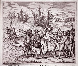 Ankomst af Christopher Columbus på øen Hispaniola i Vestindien (gravering af Theodore de Bry