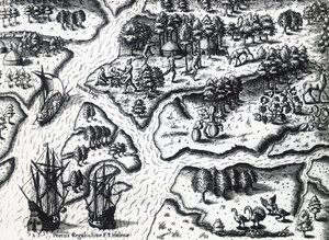 Frenchs ankomst til Port Royal i 1564 af Theodor de Bry (1528-1598) fra maleri af Jacques le Moyne de Morgues (ca. 1533-før 1588), gravering af Theodore de Bry