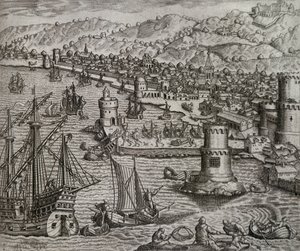 Girolamo Benzonis ankomst til havnen i Las Palmas under hans rejse til Amerika (1541), De Kanariske Øer, gravering af Theodor de Bry (1528-1598) af Theodore de Bry
