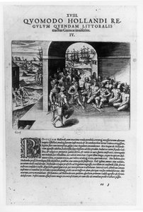 De hollandske lederes ankomst til Guinea: Forhandlingen om køb af slaver bestemt til at blive solgt tilbage til de spanske conquistadorer, fra "Petits Voyages", 1585-88 af Theodore de Bry
