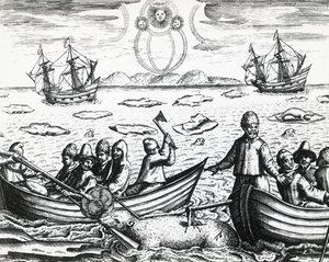 Aurora borealis og hvidbjørnejagt under tredje ekspedition ledet af William Barents (ca. 1550-1597) på jagt efter Nordøstpassagen i 1596, af Theodor de Bry (1528-1598), gravering af Theodore de Bry