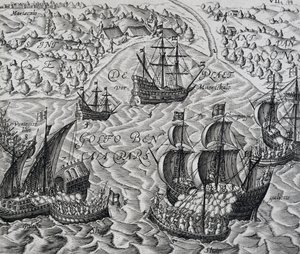 Slag foran byen Matical i Den Bengalske Bugt, gravering fra Indiae Orientalis, af Theodor de Bry (1528-1598) af Theodore de Bry