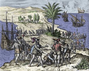 Christopher Columbus og hans bror blev arresteret af Francisco de Bobadilla i 1500. Indgravering af Théodore de Bry (1528-1598). af Theodore de Bry