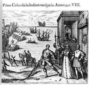Christopher Columbus og Pinzon-brødrene forlader havnen i Palos i Spanien den 03/08/1492 til den nye verden. Til højre Kongen og dronningen af Portugal katolske Ferdinand II af Aragon og Isabella Iere af Castilien. Gravering af Theodore de Bry i "" Admiran af Theodore de Bry