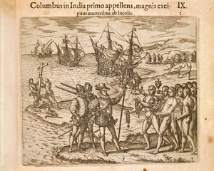 Christopher Columbus lander på øen Guanahani (San Salvador) 12. oktober af Theodore de Bry