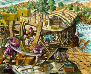 Konstruktion af en båd til den spanske navigatør Vasco Nunez de Balboa (1475-1517) Indgravering fra "History of the Americas" af Theodore de Bry (1528-1598) 1500-tallet. Privat samling af Theodore de Bry
