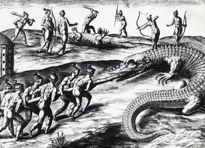 Krokodillejagt i Florida, fra maleri af Jacques le Moyne de Morgues (ca. 1533-før 1588), af Theodor de Bry (1528-1598). gravering af Theodore de Bry