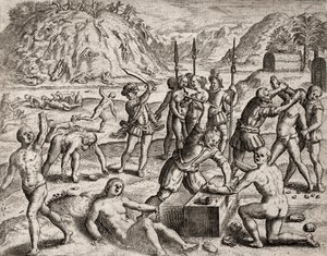 Beskrivelse af forbrydelser påført indianere af spanske bosættere - Conquistadorer massakrerer en indisk landsby. Amputations des mains - Indgravering af Theodore de Bry i "Fortællingen om nogle af de mest henrivende indianere af spanierne" af Bartolome d. af Theodore de Bry
