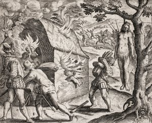 Beskrivelse af forbrydelser påført indianere af spanske bosættere - Brand i en indianerlandsby af conquistadorerne. Hanging - Indgravering af Theodore de Bry i "Den sandeste historie om nogle af de ødelagte spaniere" af Bartolome de las Casa af Theodore de Bry