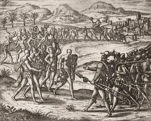 Beskrivelse af forbrydelser påført indianere af spanske bosættere - indianere bringer gaver og guld til conquistadorerne - gravering af Theodore de Bry i " "historien om nogle af de ødelagte spanske spaniere af Theodore de Bry