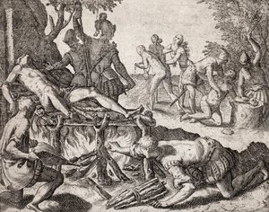 Beskrivelse af forbrydelser påført indianere af spanske bosættere - Scene for tortur af indianere af spanske conquistadorer. Tortur på en grill, amputation af hænder - Indgravering af Theodore de Bry i "" Narratio regionum indicarum per Hispanos quosdam de
