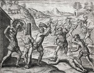 Beskrivelse af forbrydelser påført indianere af spanske bosættere - Spaniere, der torturerer indianere - Indgravering af Theodore de Bry i "Brevisima Relacion de la Destruction de las Indias"" af Bartolome de las Casas (1484-1566)