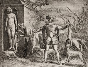 Beskrivelse af forbrydelser påført indianere af spanske bosættere - Spanske conquistadorer massakrerer indiske kvinder og børn. Hængende. Children jetes aux chiens - Gravering af Theodore de Bry i "" Narratio regionum indicarum per Hispanos quosdam devasta af Theodore de Bry