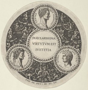Design til et fad med portrætter af de romerske kejsere Cæsar, Claudius og Otho, ca...., ca. 1588. af Theodore de Bry