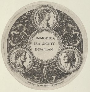 Design til et fad med portrætter af de romerske kejsere Nero, Galba og Caligula, ca. ..., ca. 1588. af Theodore de Bry
